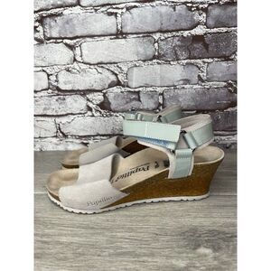 Birkenstock Papillio Grey Nubuck Suede Teal Patent Cork Wedge Sandals Women 38EU